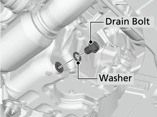 דער drain bolt און washer זענען אונטערן מאטאר, הינטער דעם under cover.