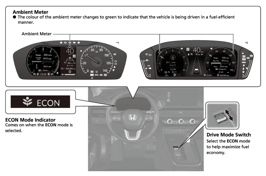Eco Assist סיסטעם: דער drive mode switch און דער ECON mode אינדיקאטאר אויפן מעטער.
